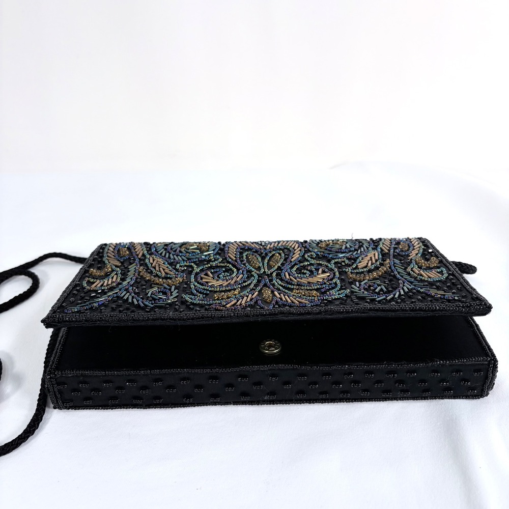 Carolyne Barton Beaded Clutch Black Iridescent Gold Paisley Evening Bag - Picture 10 of 10